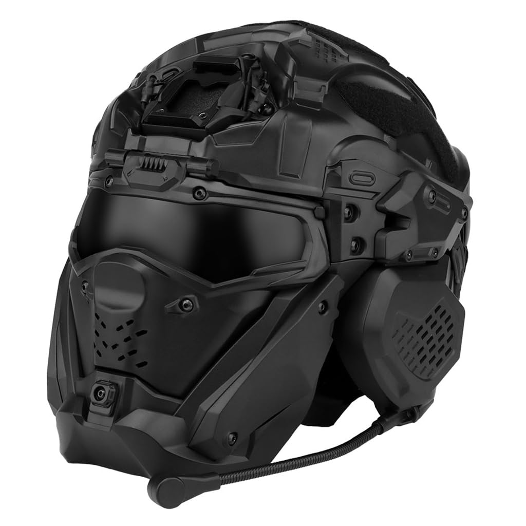 Tactical Airsoft Helmet Set Fast Helmet Built-in HD Headset with Full Face Mask Goggles and Anti-Fog Fan for Outdoor Paintball BB Game CS Airsoft Training Hunting Gear A