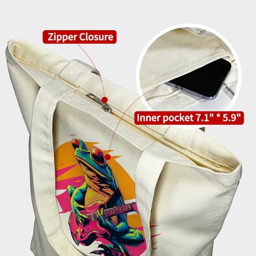 Image of itgowisa Canvas Tote Bag with Zipper Pocket, Reusable Grocery Bag for Daily