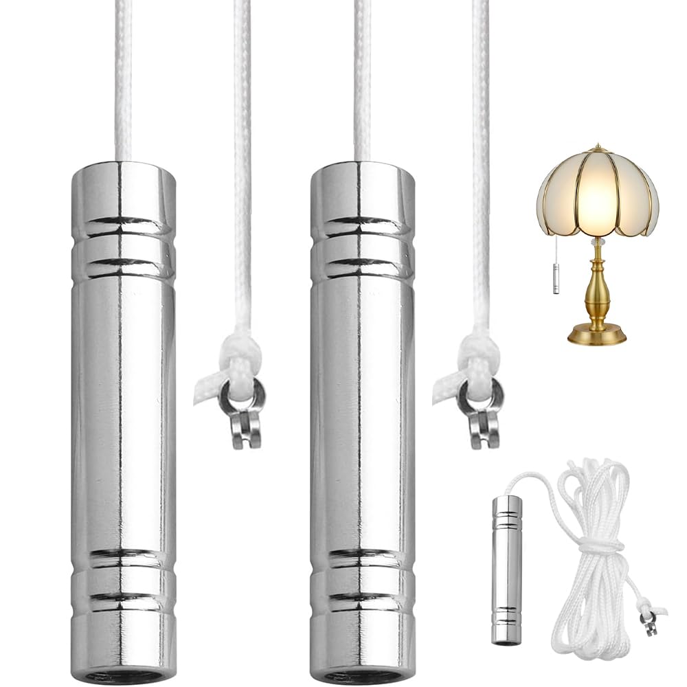 Corthulin White/Silver 2 Sets Bathroom Light Pull Cord Kit Cylindrical Pull Cord Weight Handle Metal Chrome Light Cord Pull Handle String With 150Cm Nylon Pull For Bathroom Toilet Light Ceiling Light Fan Switch