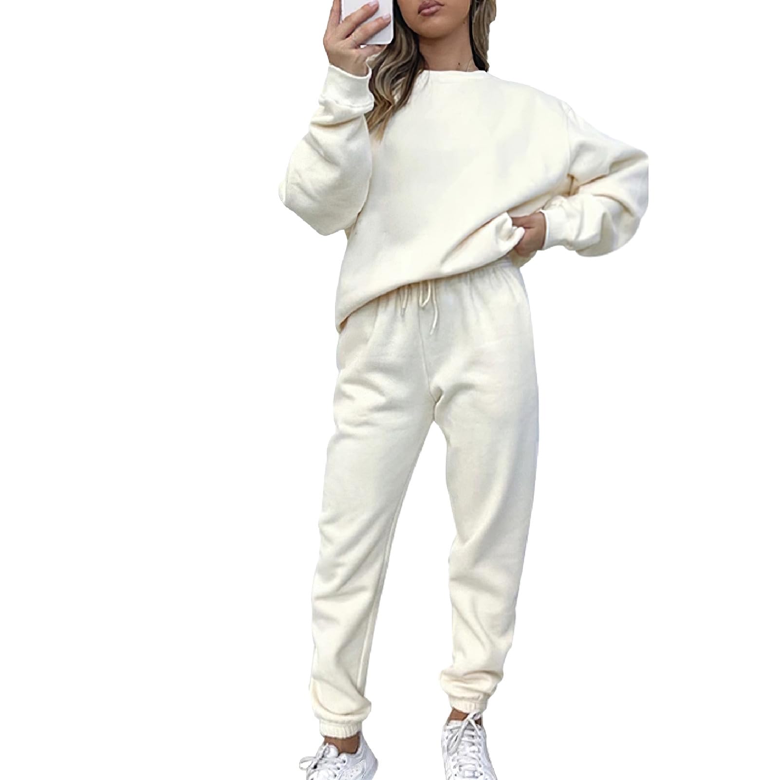 amropi Trainingsanzug Damen Pullover Sweatshirt und Jogginghose Warm Vlies Kleidungsset (Beige,M)