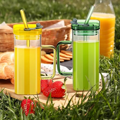 Image of KELVEE Drinking Glasses Tumbler with Lids and Straws Set of 1, 400ml Square Glass Mug with Colored Handle Iced Coffee Cups, Wide Mouth Sipper for Home Travel (Square)