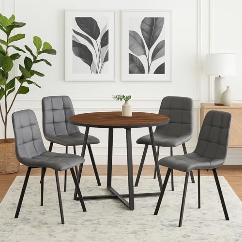 Image of Mid Century Modern 35 inch Round Wood Top Cross Legs Dining Table Set for 4, Cozy Faux Leather Chairs w /Steel Legs, Coffee Table for Kitchen, Office, Save Space (Grey Top, Grey Chairs)