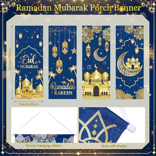 Image of Panelee 4 Pcs Ramadan Mubarak Porch Sign Banners Blue Gold Eid Mubarak Decorations Muslim Ramadan Kareem Door Banner Backdrop for Home Doorway Indoor Outdoor Wall Hanging Decor