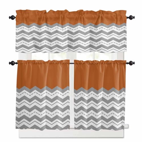 Grey Chevron Kitchen Curtains 36 Inch Length,3 Piece Rod Pocket Small Half Tiers and Valance Set,Geometric Orange Print Wavy Striped White Small Large Window Treatment Decor for Bedroom/Bathroom Sink