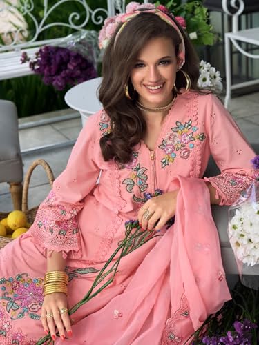 Image of INDO ERA Women's Straight Pure Cotton Floral Embroidered Kurta & Pant with Dupatta Set (IEOUT11423)