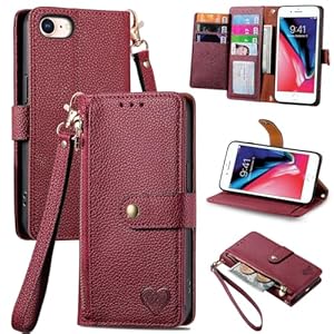 VEEMOS Zipper Wallet Case for Apple iPhone SE 2020 / SE 2022 5G / iPhone 7 / iPhone 8 Phone Case with Purse Card Holders RFID Blocking Leather Flip Case Book Cover Wrist Strap Women - Red