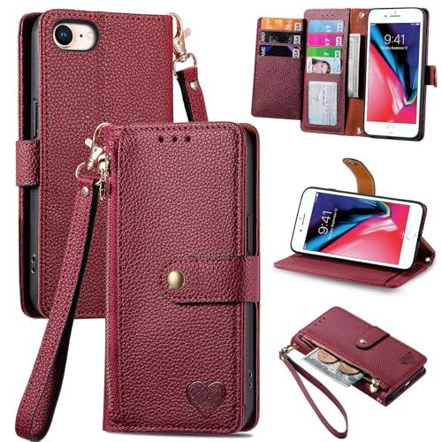 VEEMOS Zipper Wallet Case for Apple iPhone SE 2020 / SE 2022 5G / iPhone 7 / iPhone 8 Phone Case with Purse Card Holders RFID Blocking Leather Flip Case Book Cover Wrist Strap Women - Red