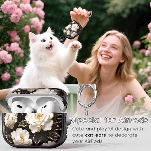 Image of for AirPods Pro 2 Case with Cleaning Kit, Cute Cat Ear Print Design & Cute Buckle for Girls, Phone Holder & Top Safe Lock Buckle Design for AirPods Pro 2nd /1st Gen case, Black Peony