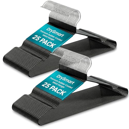 DrySmart 50 Pack Premium Rubber-Coated Metal Clothes Hangers Heavy-Duty Non-Slip Space-Saving Coat Hangers for Adults Ideal for Shirts Suits Jackets & Wardrobes (Black)