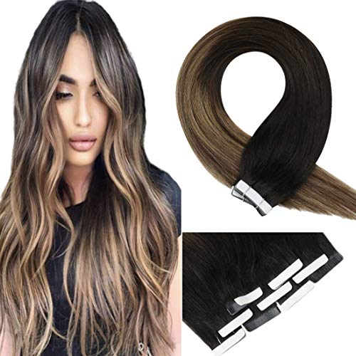 VeSunny Ombre Tape in Hair Extensions 18inch Black to Brown Balayage Caramel Blonde Remy Human Hair Tape in Extensions Ombre Hair Extensions Straight Hair 10pcs 25g