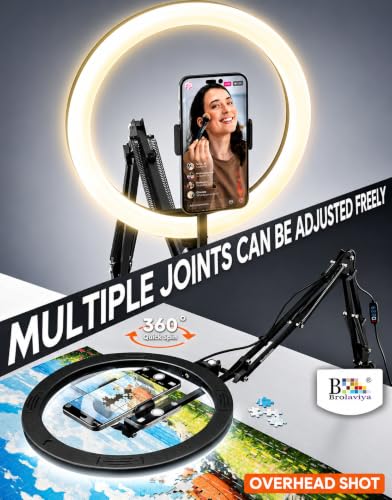 Image of BROLAVIYA No Shadow Overhead Video Mobile Stand with Extra Long Metal Arm,12inch Large Selfie Ring Light, 2 Way Base clamp 1 /4 inch Adaptor for Camera, GoPro and Mobile Bracket