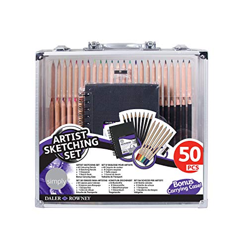 Daler Rowney Artist Sketching Set, 50 Pieces with Carrying Case Includes 40 Colored Pencils, 8 Sketching Pencils, 1 Sharpener, 1 Sketch Book, 1965007002