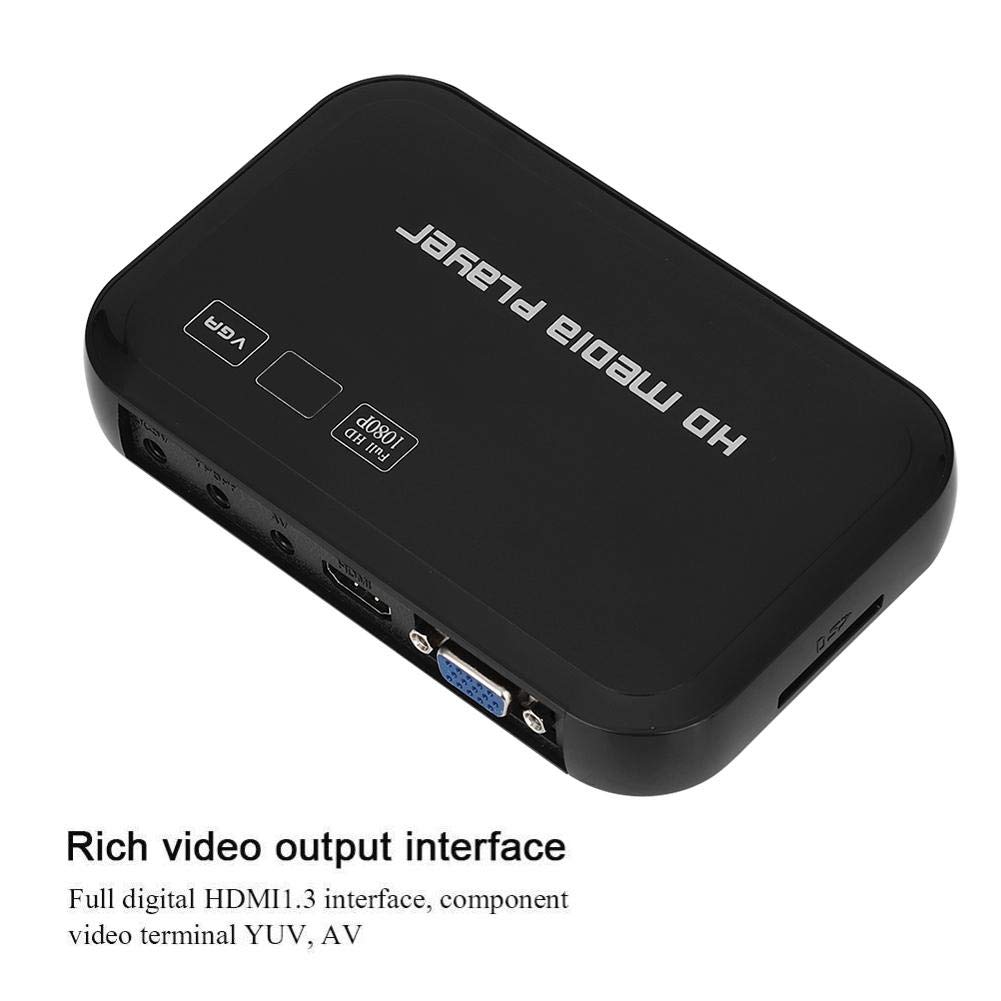 HD Media Player, złącza HDMI 1080p, przenośny odtwarzacz Full HD, odtwarzanie filmów i zdjęć za pomocą napędu USB/kart SD/urządzeń zewnętrznych, wyjście HDMI/AV/VGA