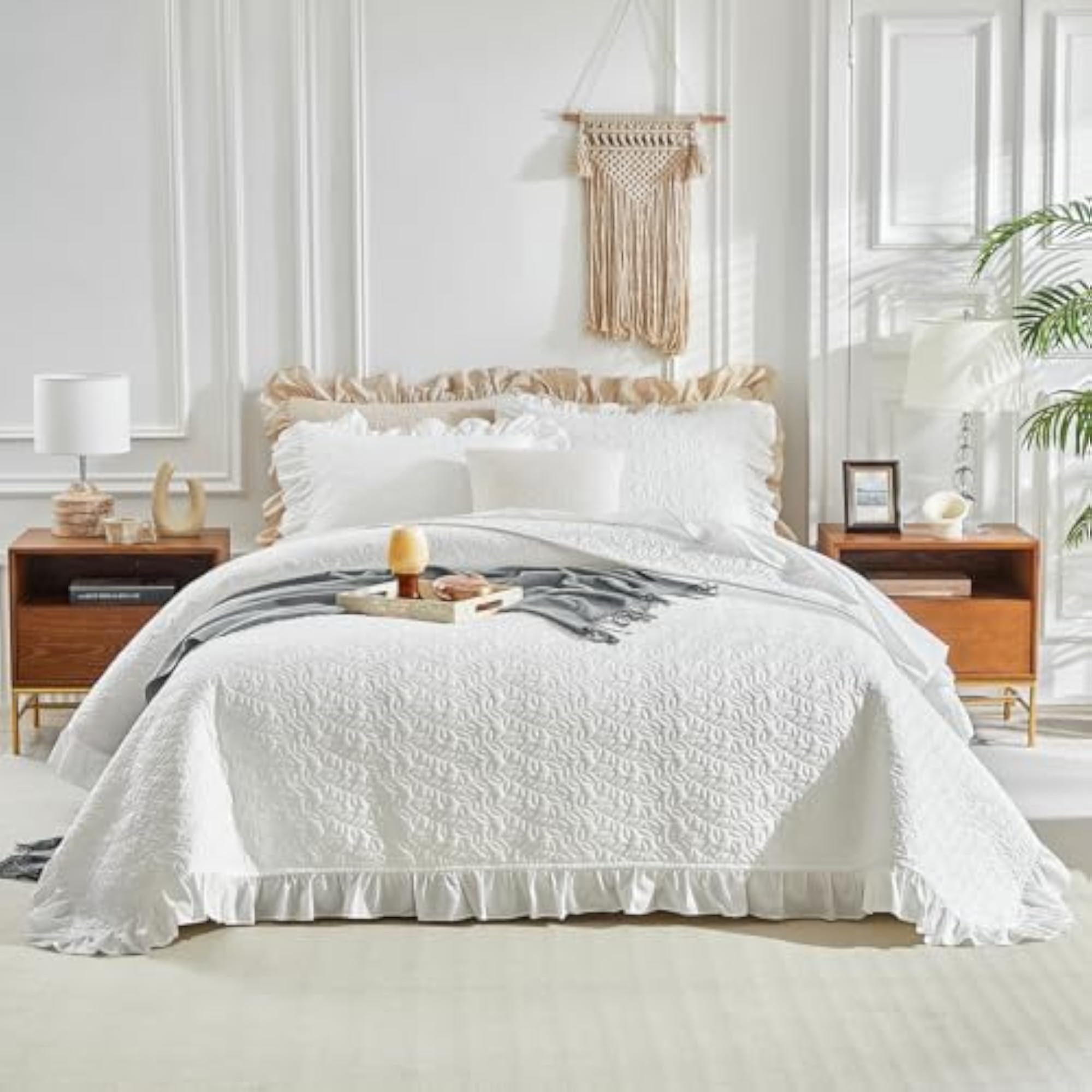 3pc Queen Size Ruffled Quilt Set, Solid White