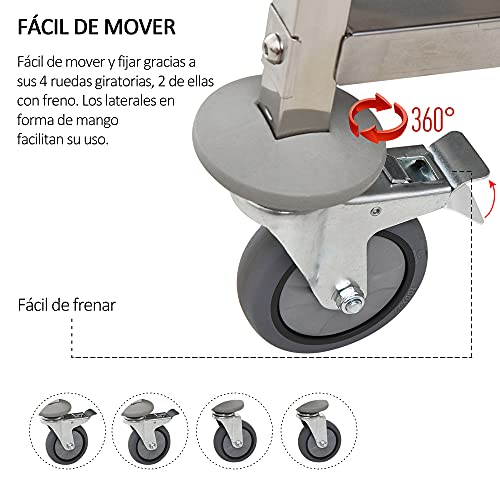 HOMCOM Carrito Auxiliar con Ruedas de Acero Inoxidable 90,5x50,5x88,2 cm Carrito de Cocina con Bandejas y 2 Brazos Carga 150 kg para Comedor Hotel Salón de Belleza Plata - imagen 3