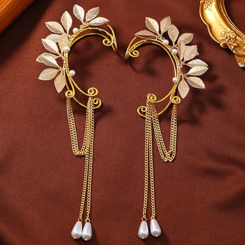 FRESHME Fairy Elf Ear Cuffs - Handmade Gold Metal Leaf Earrings2