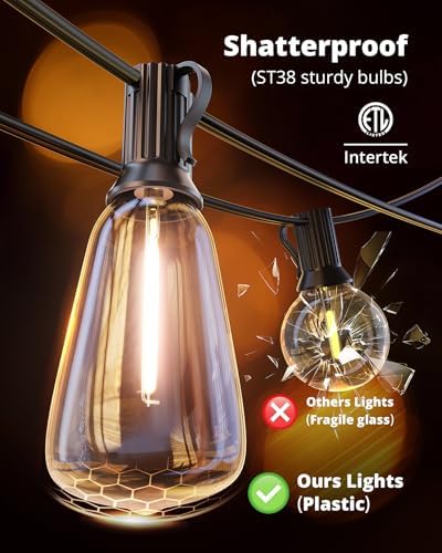 VIPAR Outdoor String Lights 60FT LED Patio Lights Waterproof with 28 Shatterproof ST38 Edison Bulbs Outside Hanging Light Dimmable Connectable for Porch, Deck, Garden, Backyard, Balcony, Decor, 2700K - 4