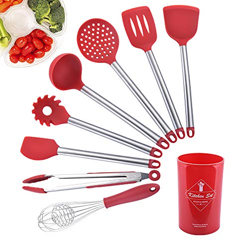 Galapara Utensilios de Cocina Silicona Set, 8 Piezas Juego de Utensilios de Cocina Utensilios de Cocina de Barril antiadherentes de Silicona Mango de Acero Inoxidable Utensilio de Gel de sílice