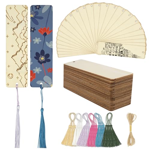 SWATOM Wood Bookmarks Blank DIY Wooden Bookmark Craft Bulk 30 PCS Unfinished Wood Tags Rectangle Shape...