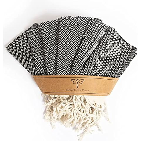 Smyrna Vintage Turkish Hand Towels - Set of 6 100% Cotton | Re-usable Face Cloths or Wash Cloths for Bathroom | Made in Turkey|Don't Shrink| Premium Decorative Textured Flannels - Black Cover
