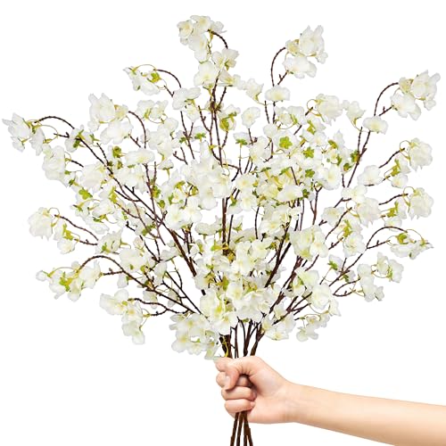 4 Stück Künstliche Blumen Kirschblüten 105cm Kunstblumen Kirschblüte Osterstrauch Zweige Frühlingsdeko Seidenblumen wie Echt, Artificial Fake Flowers Pfirsichblüte für Bodenvase Tischdeko (Weiß)