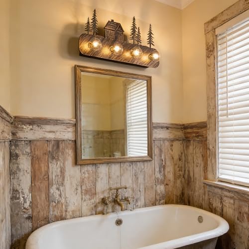 Image of TOCHIC Rustic Bathroom Light Fixtures, Vintage Vanity Light Over Mirror | 4 Lights Farmhouse Vanity Light for Cabinets, Powder Room, Living Room, Bronze, 26 inchL, Dimmable, Western Forest Wall Decor