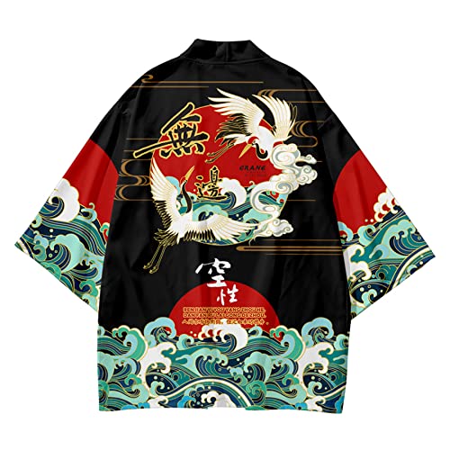 Image of DOSLAVIDA Men's Japanese Kimono Cardigan Suit Chinese Style Printed Jacket Pants Set Open Front Seven Sleeve Top & Shorts