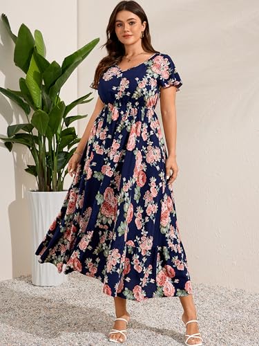Image of RWJ Women Plus Size Maxi Dress V Neck Short Sleeve Button Trim Split Flowy Tiered Casual Long Dresses 2025 L-3XL