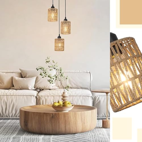 Image of 3 Lights Rattan Pendant Light, Farmhouse Dining Room Light Fixtures Ceiling Hanging, Boho Pendant Lighting with Hand Woven Wicker Shades for Kitchen Island Living Room Bedroom Foyer Hallway