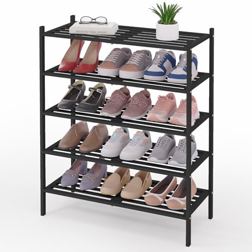 Image of Smiry Bamboo Shoe Rack, 5 Horizontal Slats, 5 Tier - 26.8 inch Wide, Black