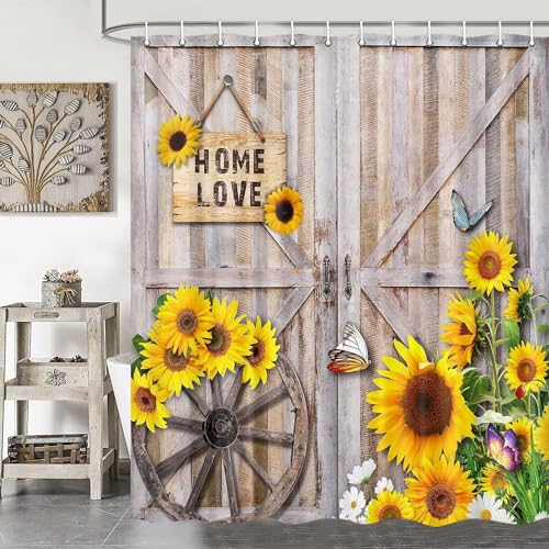 Rustic Spring Summer Sunflowers Butterfly Shower Curtain for Bathroom, Wooden Board Western Barn Door Farmhouse Bath Curtain, Fabric Vintage Daisy Floral Botanical Decor Curtain with Hooks, 70X75IN