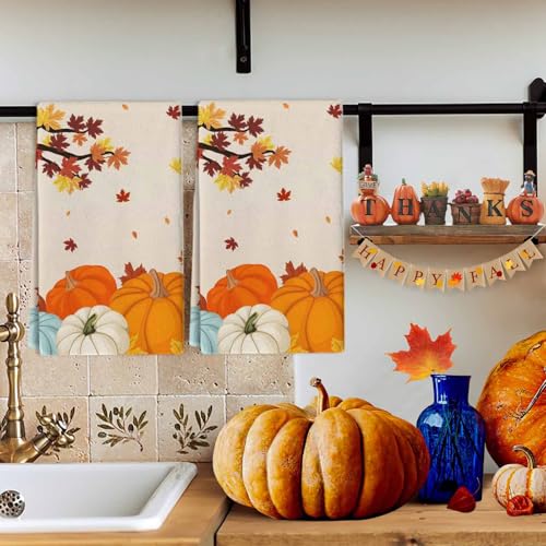 Image of Fall Kitchen Towels Orange Pumpkin Thanksgiving Hand Towels Maple Leaf Tree Dish Towel Cleaning Cloth Soft Absorbent Quick Drying 3 Pack Dish Cloths for Kitchen, Bathroom Autumn Decoration