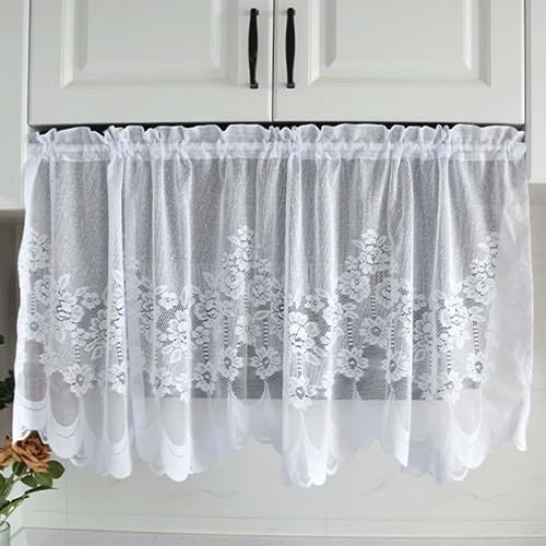 TAEOVXD Cenefas de Cortina de Gasa con Encaje Floral Blanco para Ventana, Estilo Pastoral, Semitransparente, Corta, con Bolsillo para Barra, Parte Inferior festoneada para decoración de Puertas y v