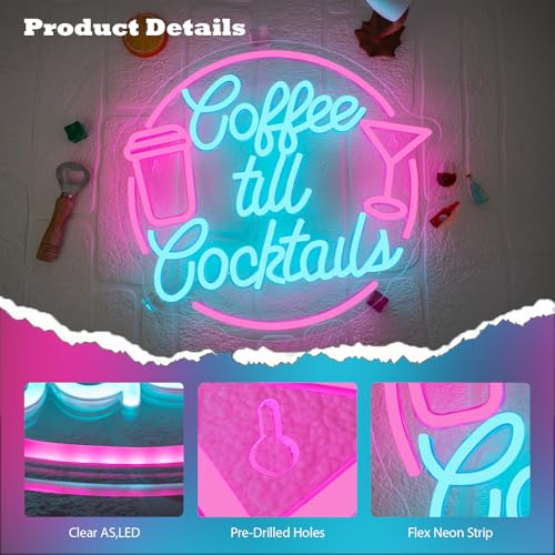 Image of Coffee Till Cocktail Neon Signs for Wall Decor Dimmable LED Neon Light Coffee Light Up Signs for Home Party Gift Office Bedroom Bar Decor