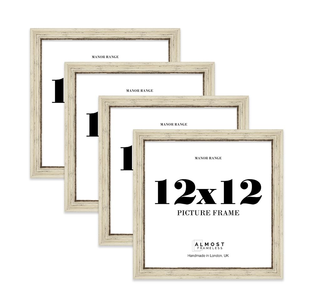12x12 Picture Frame, Display 12x12 Pictures (30.5 x 30.5cm) - Distressed Cream Elegant 42mm Edge Classic Interior Design Décor - 4 Pack