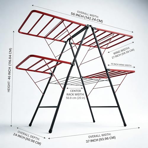 Image of Minky Extra Large Heavy Duty Cloth Drying Stand | 56-Inch Wide Multi-Wing Foldable Clothes Airer | 24 Rods High Load Bearing Metal Rack with Powder-Coated Rust Resistance