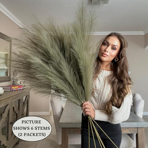VOULUX Extra Large Tall Sage Green Fake Faux Artificial Pampas Grass Large Fluffy x3 115cm Stems x18 Decorative Artificial Flora Feathers For Floor Vases Tall Plant Flowers Long Pampas Grass - Image 4