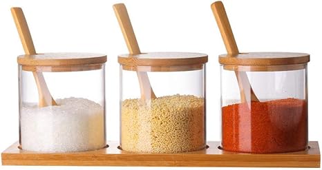 Amazon 調味料入れ 北欧風 木蓋付き トレイ付き 小匙付き 调味料ボトル スパイスボトル 調味料ボックス 調味料ケース 塩 コショウ 砂糖入れ 家庭キッチン用 保存容器 調味料入れ オンライン通販