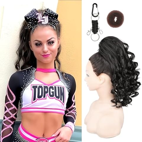 SEIKEA Cheer Ponytail Hair Piece, 12" Black Brown Curly Cheerleader Hairpiece Ponytail Extension for Cheerleader Competition, Dance Cover