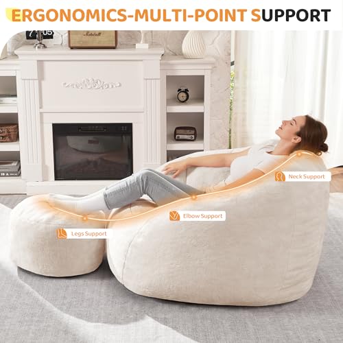 Image of HABUTWAY Bean Bag Chair, Giant Bean Bag Chairs for Adults with Ottoman, Comfy Faux Fur Shell-Shaped Bean Bag Couch, Sofa Chair for Living Room, Bedroom, White