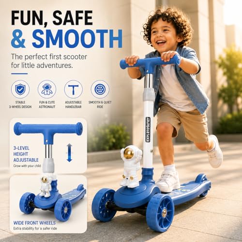 Image of MiniExplorer Zoomie Kids Kick Scooter with LED Wheels, 3 Wheel Scooter for Boys & Girls, Adjustable Height Handle, Foldable Lightweight Scooter for Kids Age 3+ Years - Astro