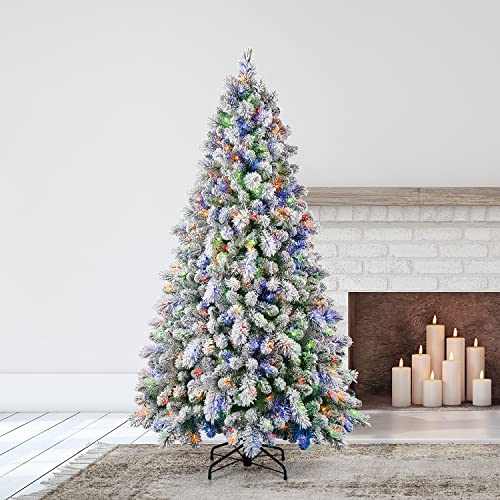 Home Heritage Cascade Quick Set 7 Ft Flocked Prelit Artificial Christmas Tree w/ 450 White & Color LED Lights, 923 PVC Foliage Tips, and Metal Stand
