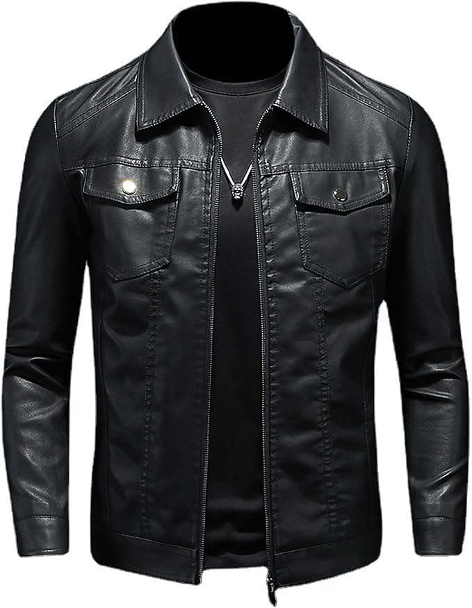 Image of Leather Jacket For Men Black Flap Pockets Designer
