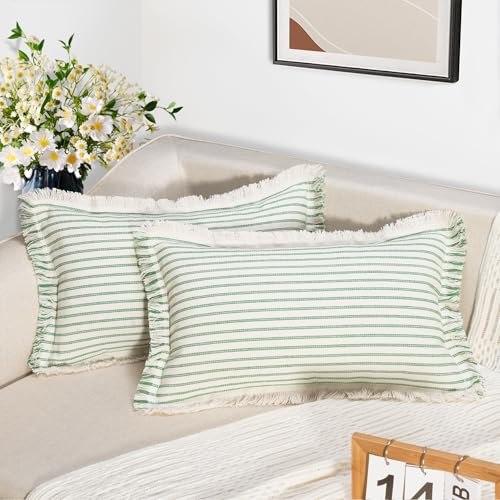Image of ZWJD Throw Pillow Covers 12x20 Set of 2 Green Striped Pillow Covers with Fringe Chic Cotton Decorative Pillows Square Cushion Covers for Sofa Couch Bed Living Room Farmhouse Spring Decor