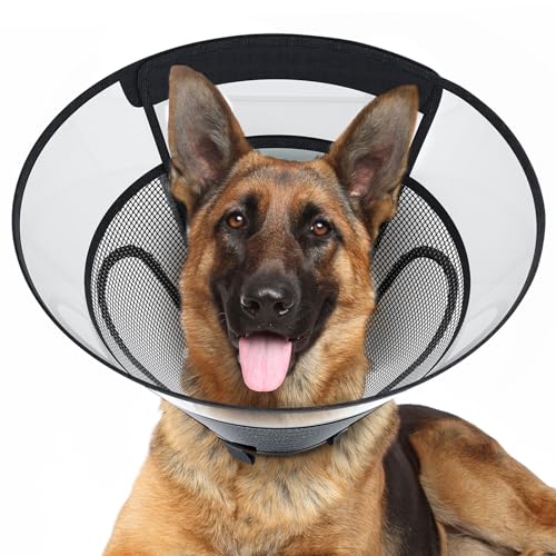Image of Dog Cone Collar for Large Dogs After Surgery, Mesh Windows PVC Transparent E Collar for Dog, Anti-Bite Lick Wound Healing Neuter Safety Practical Comfy Plastic Cone XL