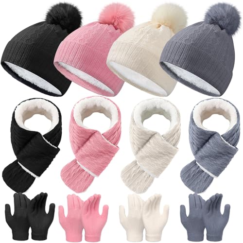 12 Pcs Kids Winter Beanie Hat Gloves Scarf Set for 3-5 Toddler Pom Fleece Scarf Knit Cap Children for Boys Gift Girls