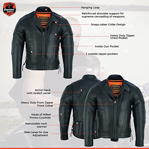 Daniel Smart Men’s Motorcycle Leather Jacket – Sporty Leather Jacket With Side Laces Euro Collar & Concealment Armory Pockets (Large) #TOP3