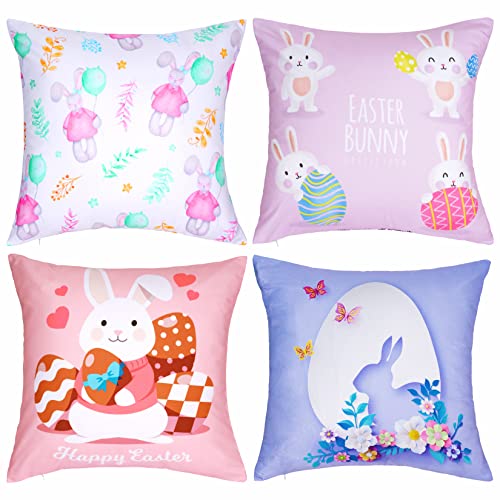 Miayon Easter Pillow Covers 18x18 Set of 4 Easter Bunny Throw Pillows Covers Farmhouse Easter Decor for Home Easter Egg Rabbit Decorative Pillows Cases for Sofa Couch