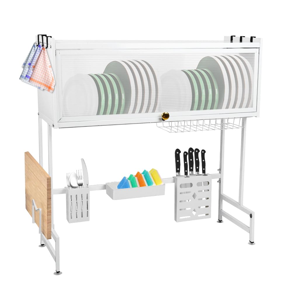 OHMG Égouttoir à Vaisselle au-Dessus de l'évier à 3 Niveaux Antirouille,Séchoir à Vaisselle,avec Porte-ustensiles et Support pour Planche à découper pour Rangement et Organisation de Cuisine