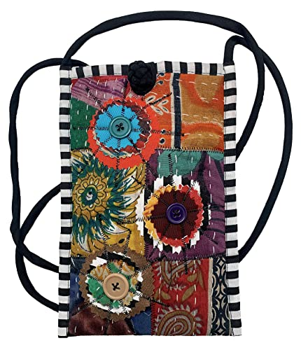 Women's Handmade Recycled Cross Body Cell Phone bag - Kantha Quilted Cotton Sari Fabrics - LRW DESIGNS